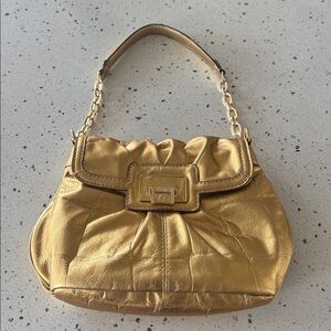 Antonio Melani Gorgeous Gold Metallic Leather Shoulder Hand Bag with Chain Strap